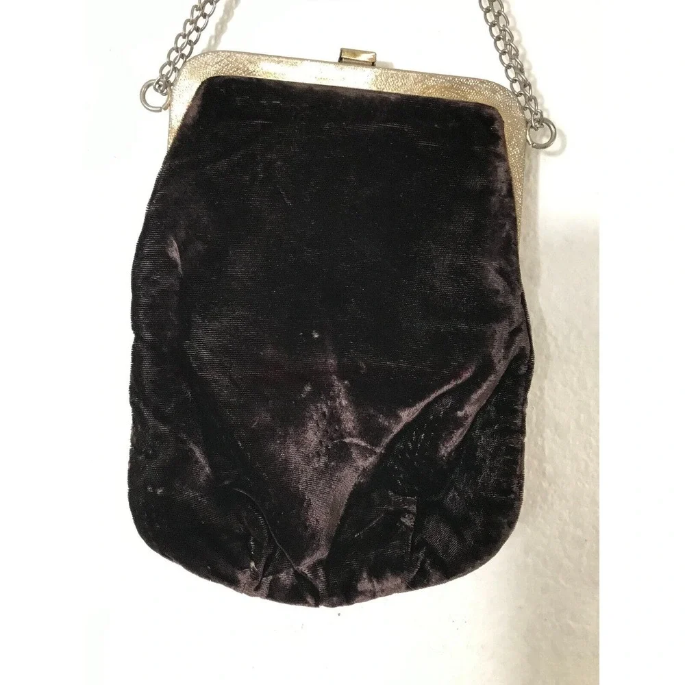 Vintage Art Deco Brown Velvet Purse With Bronze‎ Gold Plated Frame Antique